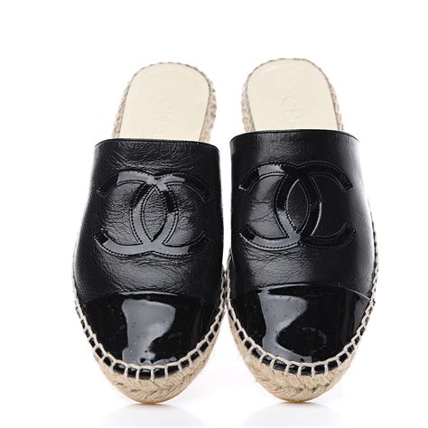 CHANEL Goatskin Patent Calfskin CC Espadrille Mules 40